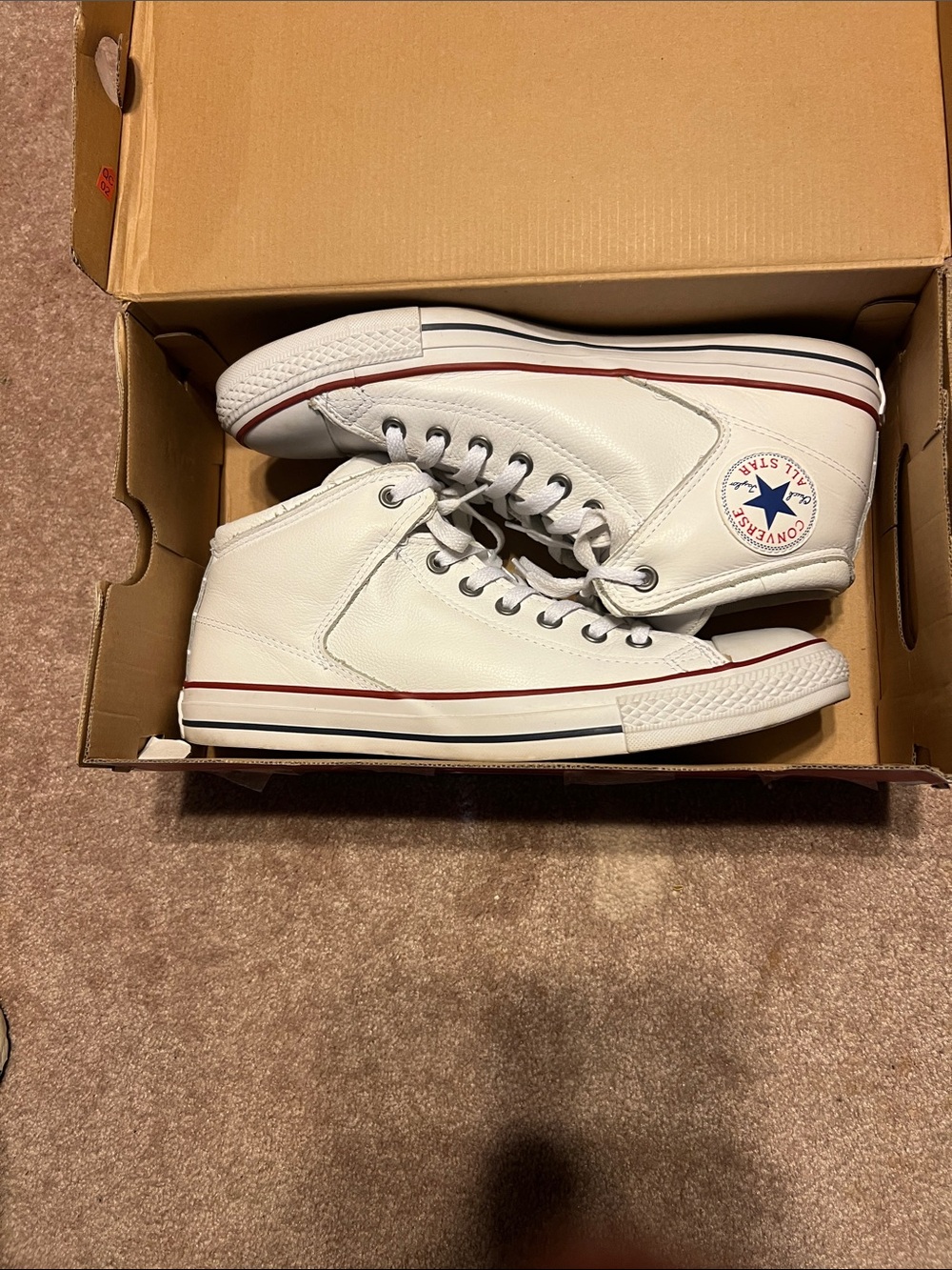 Converse White High Top Sneakers with Red & Blue Trim